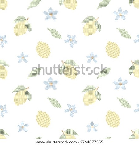Seamless Cross Stitch Lemon Pattern Blue Floral Embroidery Summer Kitchen Baby Textile Fabric Background