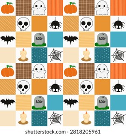Seamless cute Halloween patchwork pattern pumpkins, ghosts, skulls, bats, spiders, candles, tombstones, and spider webs. Festive background for fabric, wallpaper, wrapping paper, and party decor.