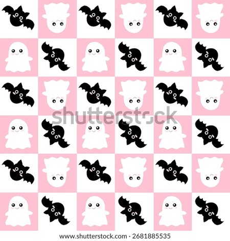 Seamless Cute Halloween Pattern with Ghosts and Bats on Pink and White Background. Seamless cute Halloween pattern featuring pink and white squares decorated with adorable ghosts and bats.