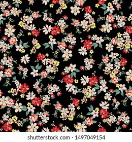 Seamless Cute Small Flower Pattern On Black Background