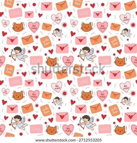 Seamless Cute Valentine Pattern – Cupid, Love Letters, Hearts Cats