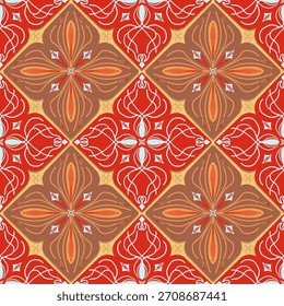 seamless damask pattern,red, orange curves ,painted create to flowershape, leaves, blue background in geometric patterns as sarong,fabric,tile,printed fabric,batik,tablecloth patterns.	