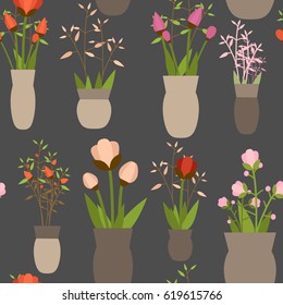 Seamless dark background with bright colored flowers in vases