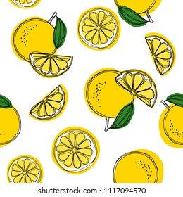 Seamless decorative background with yellow lemons. Lemon hand draw pattern.