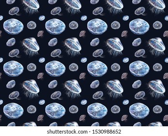 Seamless decorative jellyfish background pattern. Hand-painted with fluorescent metallic watercolor on black paper. For gift wrapping paper, decoupage or scrapbooking hand-made, textile fabric etc.