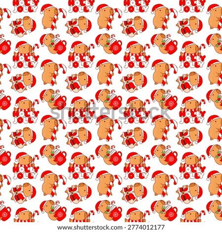 Seamless design for background of capybara bring a holly Jolly text and bring a hot chocolate in Christmas