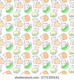 Seamless design for background of cute bear winter with peas and potato