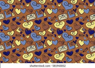Seamless design with hearts, rose flower, letter, love text in brown, yellow and blue colors. Raster illustration. Raster seamless Valentine in love doodle hand drawn pattern.