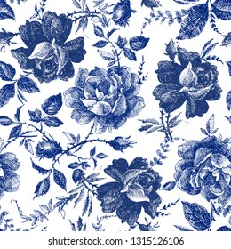 Seamless Design With Roses Flowers. Fairytale Forest. Hand Drawn Vintage Botanical Pattern Line Graphics. Fashion Textile Design Indigo Color. Floral Illustration