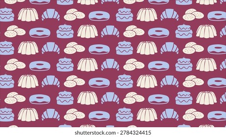Seamless dessert Variations: cake, pudding, croissants, cookies, donut wallpaper