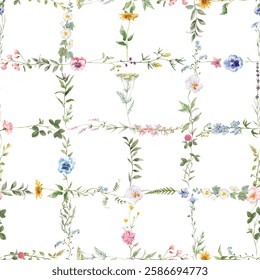 Seamless Diamond Floral Repeat Pattern with Small Ditsy Flowers. Charming Floral Tile Design. Vintage Floral Lattice, Illustration