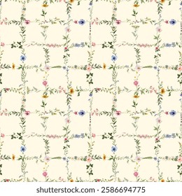 Seamless Diamond Floral Repeat Pattern with Small Ditsy Flowers. Charming Floral Tile Design. Vintage Floral Lattice, Illustration