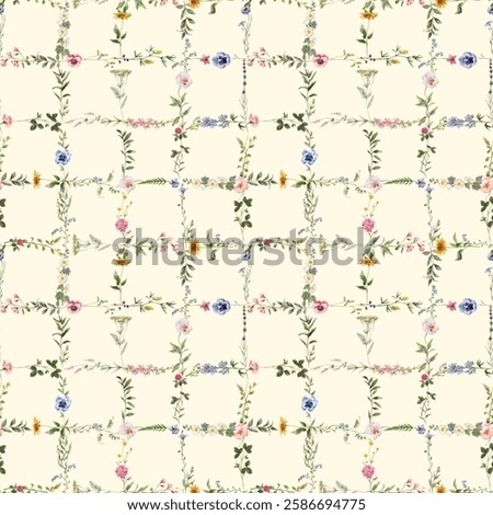 Seamless Diamond Floral Repeat Pattern with Small Ditsy Flowers. Charming Floral Tile Design. Vintage Floral Lattice, Illustration
