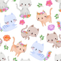  Seamless Digital Art  Illustration Cats With Floral Concept For Kids Used For Background Texture, Wrapping Paper, Textile Greeting Card Template Or Wallpaper Design