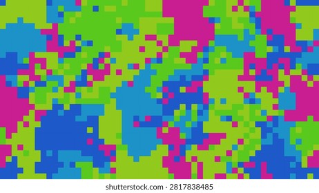A seamless digital camouflage pattern consisting of square pixels in shades of neon green, blue, magenta, and lime green in a geometric layout.