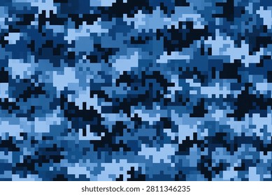 A seamless digital camouflage pattern featuring a mix of light blue, dark blue, and black pixels, creating a modern, abstract texture.