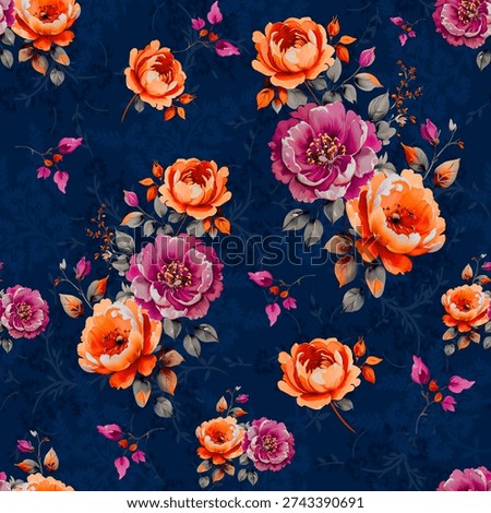 seamless digital floral pattern design. Dark base with multi flower touch composition of pattern design. allover design.