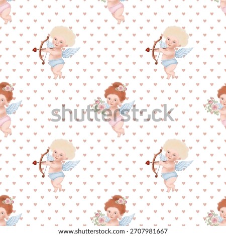 Seamless digital pattern featuring alternating, hand-painted style illustrations of sweet, winged Cupids (cherubs). The background is white, adorned with a repeating, small, pale pink heart motif.