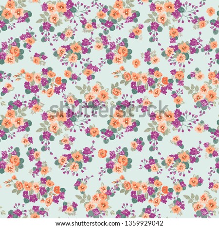 Seamless ditsy pattern in small cute wild flowers. Simple bouquets. Liberty style millefleurs. Floral background for textile, wallpaper, pattern fills, covers, surface, print, wrap, scrapbooking