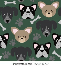 Seamless Dog Pattern, Puppy Faces Repeat Design, Cute Cartoon Pet Wallpaper, Doggy Breeds Head Background, Pawprint And Bones, Cute Dog Face Design, Men's Best Friend Background