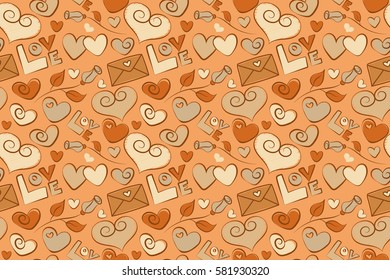 Seamless doodle pattern. Summer and spring design. Abstract seamless pattern. Rose flower, love text and letter, haerts in yellow, beige and orange colors. Exotic raster pattern.
