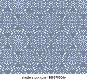 Seamless Doted Retro Indigo Floral Pattern On Blue Background, Abstract Modern Doted Circle.