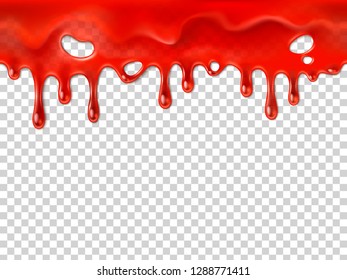 Seamless Dripping Blood. Halloween Red Bleed Stain, Bleeding Bloody Drips Or Jogging Ketchup Splash Syrup Marmalade Or Paint Drip, Running Injury Drop Realistic 3D  Illustration