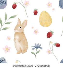 Seamless Easter Pattern with Cute Bunny, Eggs, Strawberries and Spring Flowers