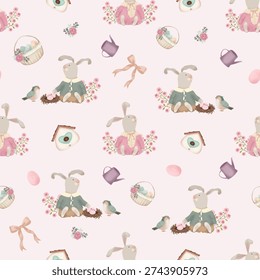 Seamless Easter pattern with cute vintage bunnies, bird nests with eggs, pastel baskets, watering cans and blossoms. Soft spring nursery illustration in shabby chic style on light background.