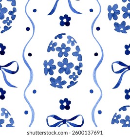 Seamless easter pattern in vintage style. Watercolor blue eggs, bows and ribbons