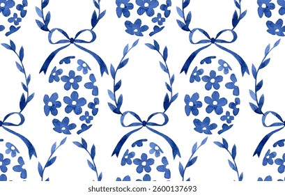 Seamless easter pattern in vintage style. Watercolor blue eggs, bows and ribbons