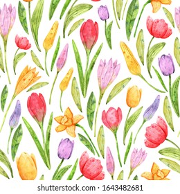 Seamless easter pattern with watercolor flowers  is perfect for the design of paper, fabrics, packaging, souvenirs, textiles, gifts and more
