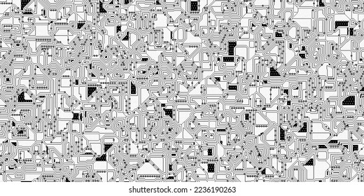 Seamless electronics circuit board background texture. High tech motherboard pattern in monochrome black white and grey. A fun geeky engineering or computer science nerd textile swatch or backdrop.