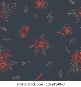 Seamless elegant pattern with red flowers zinnia, camomile, daisy, sunflower, rose  on dark background for textile, bedlinen, pillow, undergarment, wallpaper, packing paper. Floral illustration.