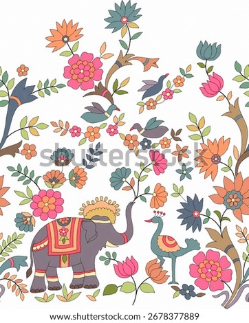 seamless elephant, peacock floral pattern with colorful flowers kantha work design allover digital print textile design