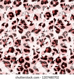 Seamless Endless Hand Drawn Watercolor Leopard Animal Skin Abstract Surface Pattern Tie Dye Background