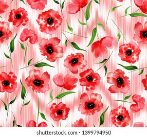 Seamless Endless Hand Painting Abstract Watercolor Poppy Peony Flowers Pattern with Tie Dye Gradient Ikat Zig Zag Background 