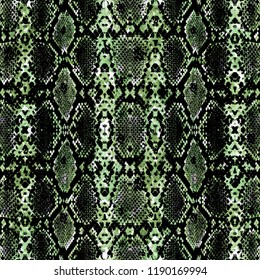 Seamless Endless Hand Painting Watercolor Abstract Snake Animal Skin Print Pattern Colorful Tie Dye Green Background