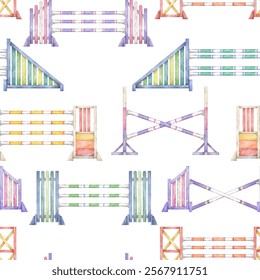 Seamless equestrian pattern with hand drawn watercolor wooden obstacles for horse jumping competition on white background