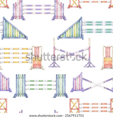 Seamless equestrian pattern with hand drawn watercolor wooden obstacles for horse jumping competition on white background