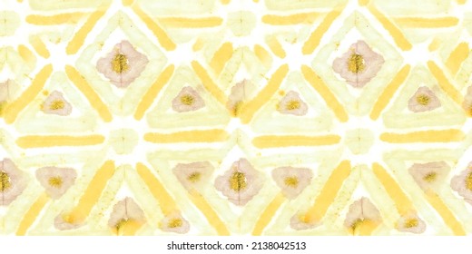 Seamless Ethnic Design Art . Ornament Tribal Banner. Yellow Spatter Background ,Orange Ethnic Background Art. Repeat Textile Japanese Pattern. Painting Watercolor Art.