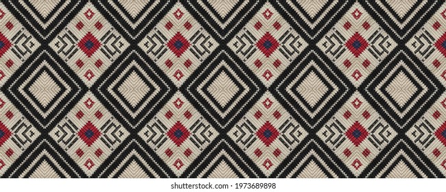 Seamless Ethnic Embroidery. Woven Tapestry Brown Print. Mexican Decor. Volume Lines Tapestry. Wicker Georgian Wicker. Rug Macrame Rude Border.