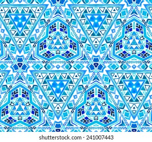 Seamless ethnic tiles pattern. Geometric tribal shapes. Aztec design in polygon reflecting.