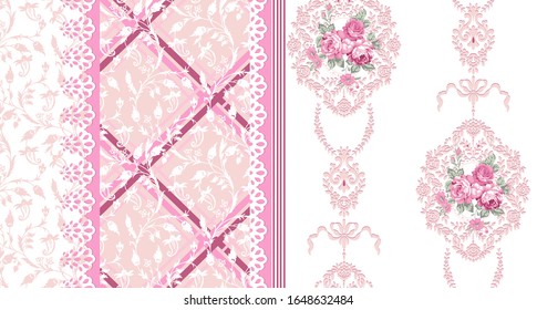 Seamless Fabric Pattern With Curved Textures, Floral Figures, Lace And Pink Rose Bouquets On A White Background