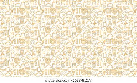 a seamless fast food pattern background vector illustration featuring burgers, pizza, fries, drinks, tacos, donuts, ice cream, sushi, cupcakes, hot dogs and chicken.