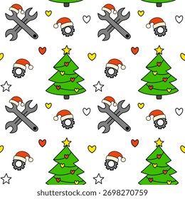 Seamless festive pattern with mechanic tools, gears and Christmas trees. Fun holiday design for auto shop cards, packaging and backgrounds.