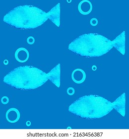 Seamless Fish Pattern. Watercolor Illustration. Isolated On A Blue Background. For Your Design Clothing, Packaging Paper, Pet Products And Animal Feed.