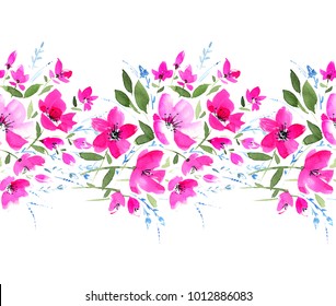 Seamless Floral Border. Magnificent Bright Delicate Flowers, Leaves And Grass. Watercolor, Painted With Love