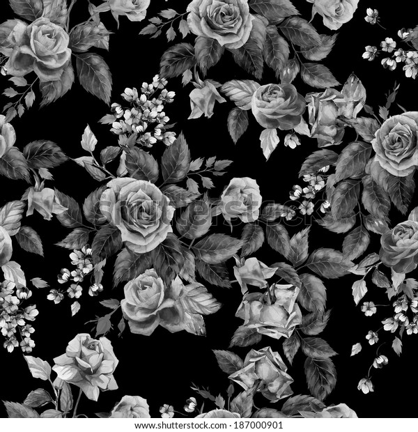 黒い背景にシームレスな花柄のモノクロとバラ 水彩 のイラスト素材