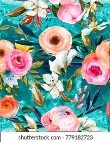 Seamless Floral Oil Painted Pattern